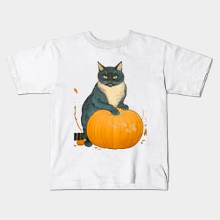 Japanese Cat on a Halloween Pumpkin During the Halloween Season on a light (knocked out) background Kids T-Shirt